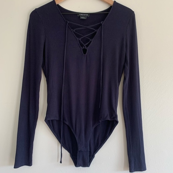 ROUVE Navy LaceUp Tie Bodysuit Stretch Ribbed Navy S - Picture 7 of 8
